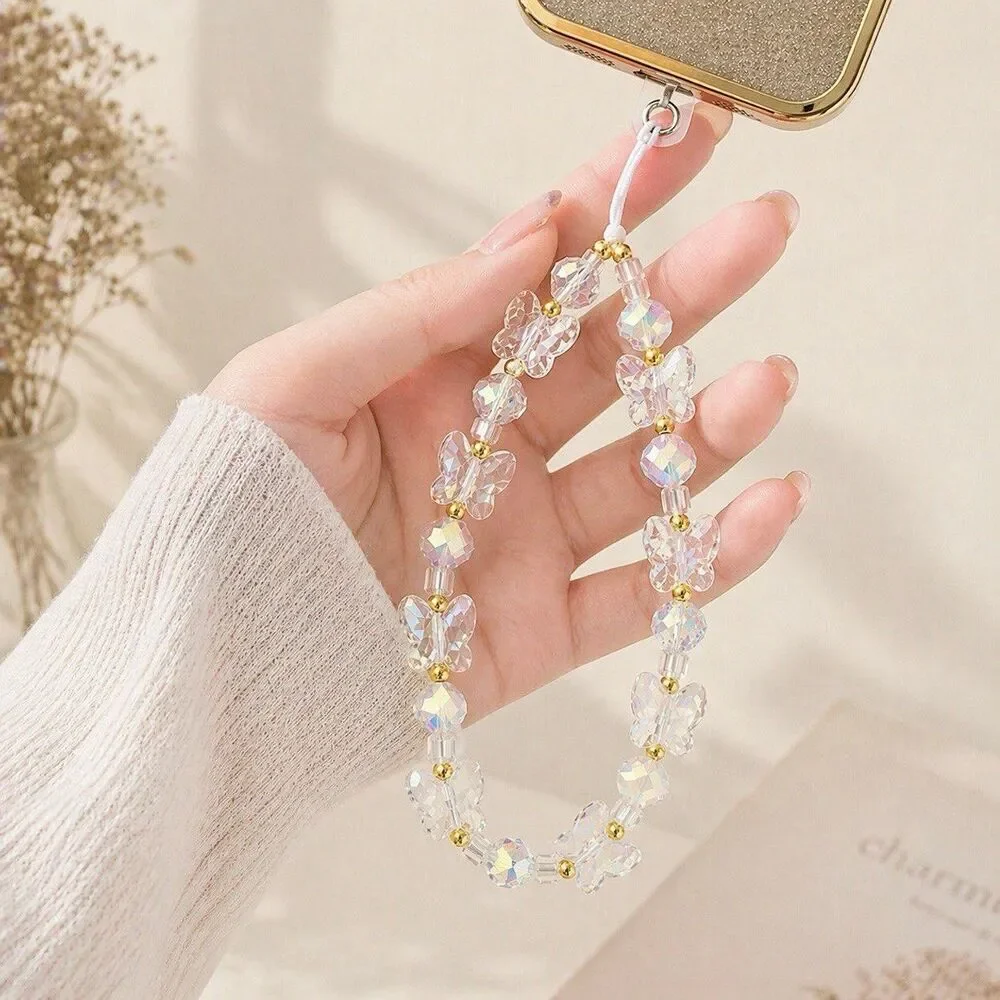Beaded hand-held lanyard chain, phone wrist strap white butterfly